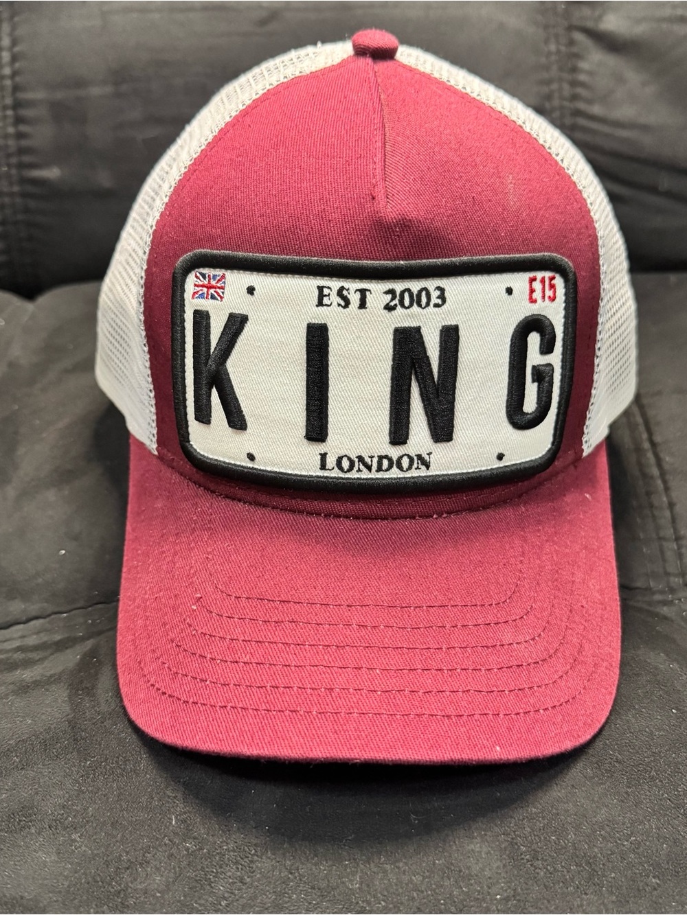 King London England Trucker Cap in Burgundy and White